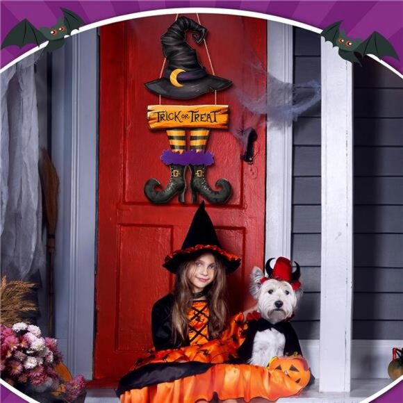 Halloween Door Sign Witch Wreath Decorations Trick or Treat Wooden Hanging Decor - Picture 6 of 7